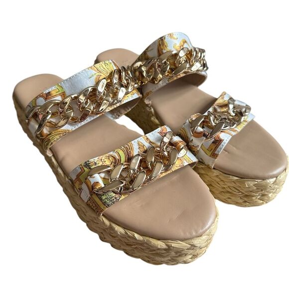 Shoe Dazzle Women's Miami Print White Chain Dola Woven Espadrille Sandal - Picture 2 of 8